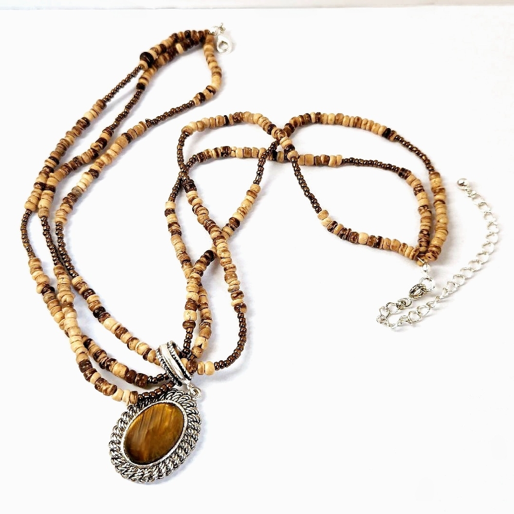 Tiger's Eye Pendant on Multistrand Natural Beads & Earring Set